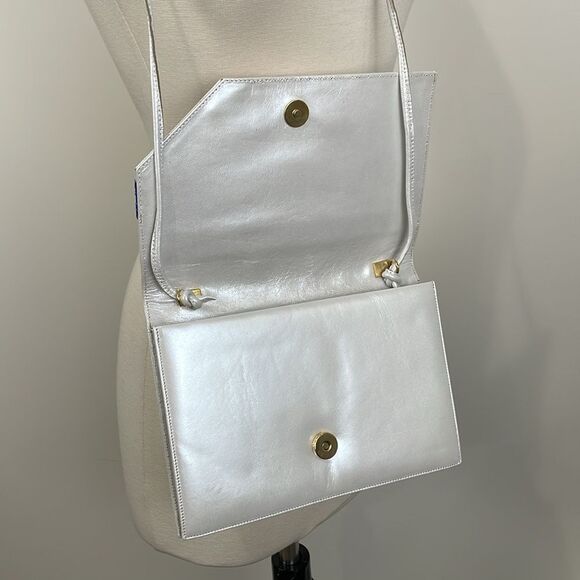 Raphael Salato Vintage Leather Flap Bag Clutch 70s White Blue Crystal Leaf - Picture 5 of 11
